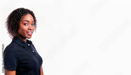 A side profile of a Black woman wearing a black polo shirt against a white background.
