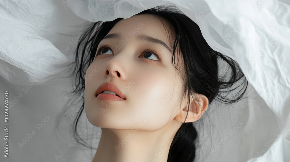 Asian Chinese girl in quipao uses handkerchief on white look up