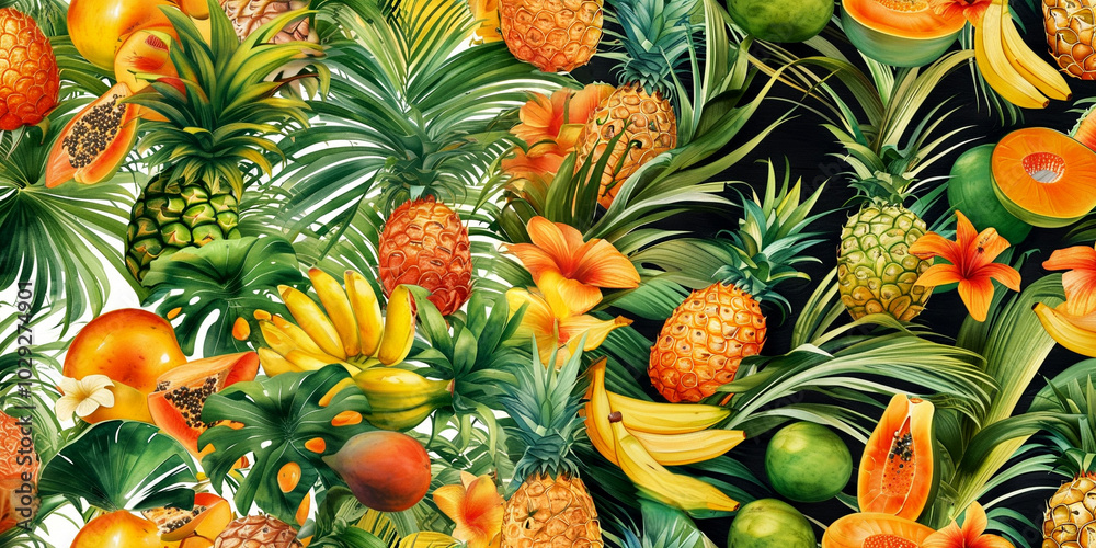Fototapeta premium Vibrant tropical fruit arrangement showcases nature's lush bounty in a vivid setting