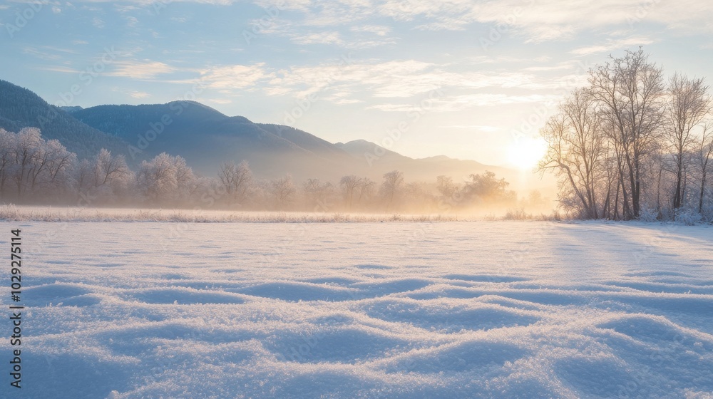 A peaceful winter landscape with snow-covered fields and distant mountains softly glowing in the sunlight
