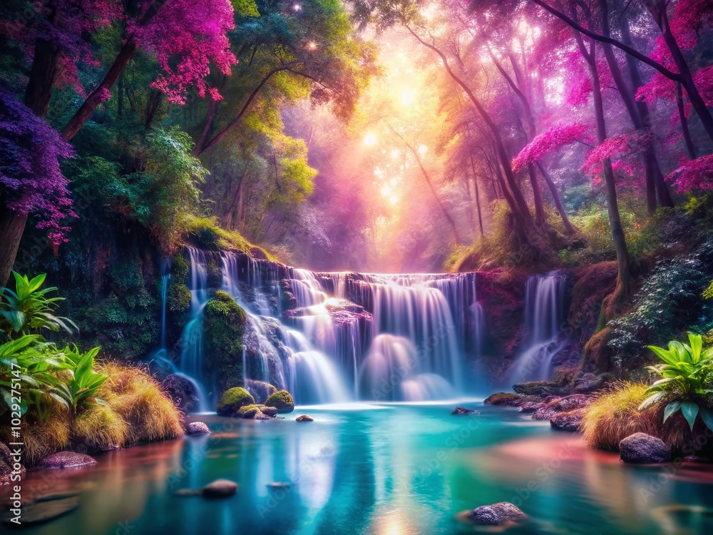 Fototapeta premium Twisted Vibrant Iridescent Gradient with Bokeh Effect in a Deep Forest Waterfall Setting