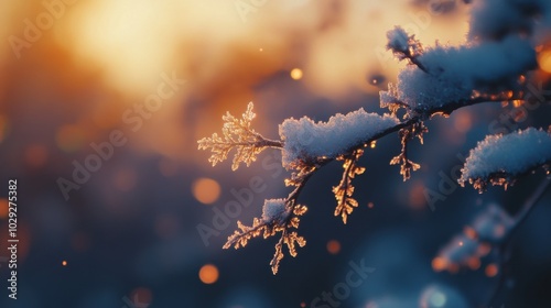 A close-up of snowflakes on a tree branch, with the soft light of dawn in the background