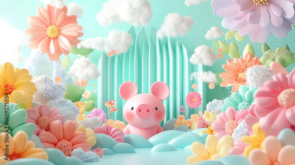 Pig in Flower Garden.