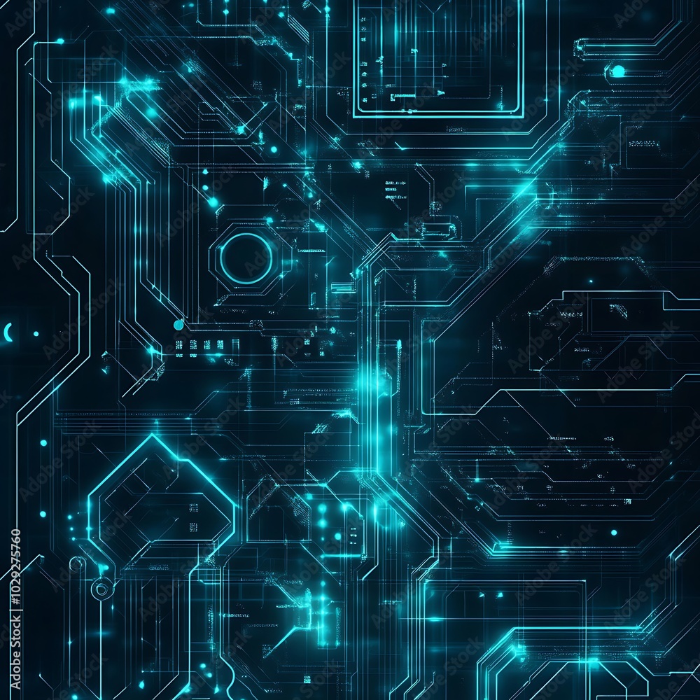 Abstract digital circuit design with glowing blue lines and nodes. Abstract digital circuit design with glowing blue lines and nodes.