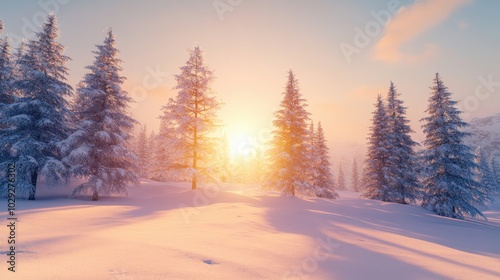 A peaceful winter landscape with snow-covered trees and soft light from the setting sun