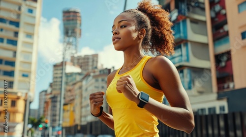 Tech-savvy fitness: Black woman using smartwatch while jogging.