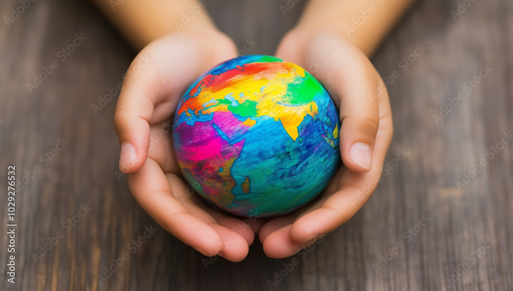 Close-up of hands holding a colorful globe on a wooden table, symbolizing global environmental health and the World Wildlife Day concept. Concept for eco friendly and green life. Close-up of hands holding a colorful globe on a wooden table, symbolizing global environmental health and the World Wildlife Day concept. Concept for eco friendly and green life.