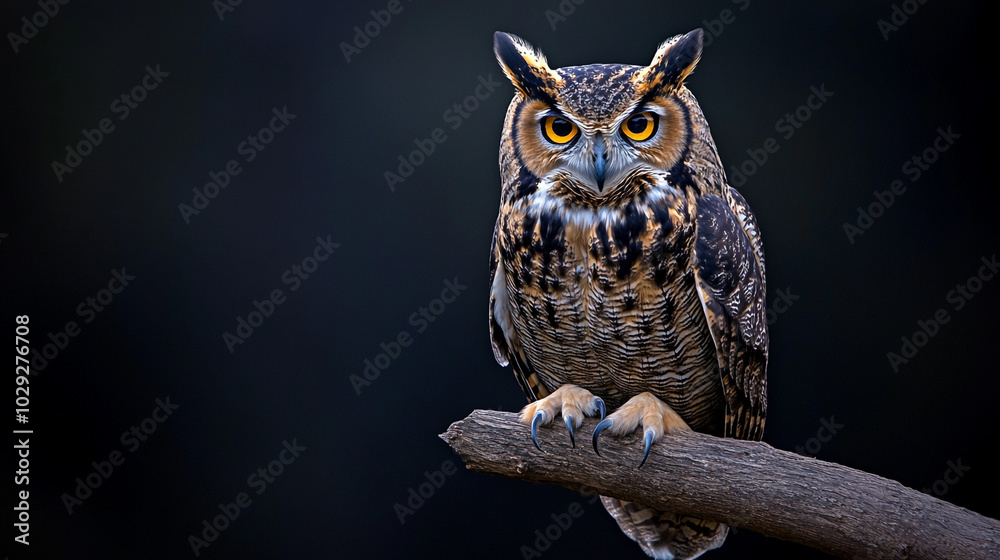 Great Horned Owl Perched on Branch with Sharp Claws Great Horned Owl Perched on Branch with Sharp Claws