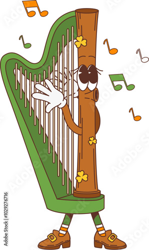 Cartoon retro groovy irish harp character, saint patrick day holiday personage. Isolated vector instrument clover leaves and notes around, celebrates St Patricks festival, playing music on its strings