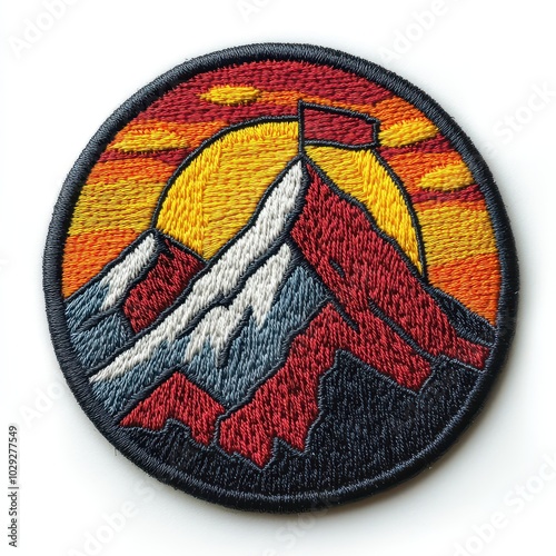 Majestic mountain embroidered patch badge on isolated white background, vector badge and patch collection for print or embroidery photo