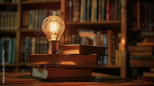 Glowing Lightbulb on Stack of Books in a Library