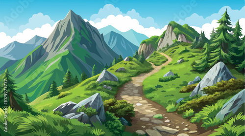 Winding path leading through lush green mountain valley