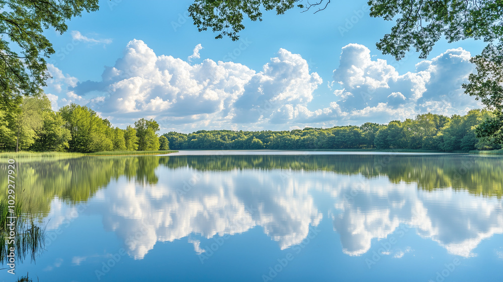 Peaceful lake reflecting the sky, calm water mirroring clouds and trees, serene atmosphere, surrounded by nature, ideal for relaxation and meditation
