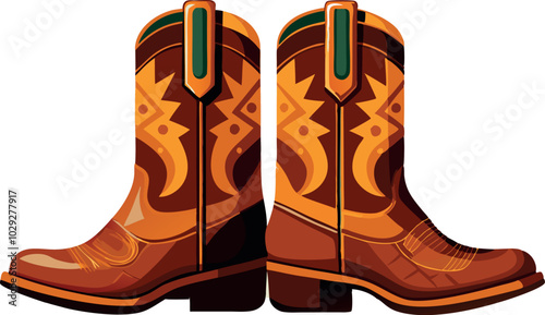 Pair of classic brown leather cowboy boots with ornament