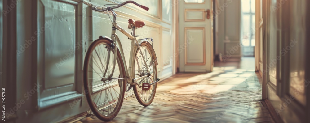 Bicycle parked in the hallway, 4K hyperrealistic photo Bicycle parked in the hallway, 4K hyperrealistic photo