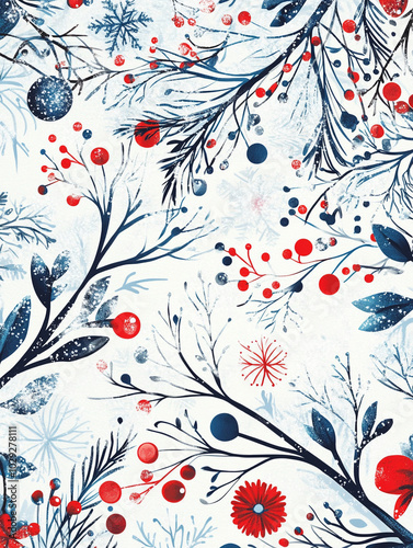 New Year's card painting of a branch with red berries on a white background in the form of a pattern