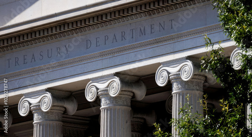 Building of US Treasury Department. Concept of economy finance interest rate money business currency dollar financial wealth investment saving credit. Copy space for text.	