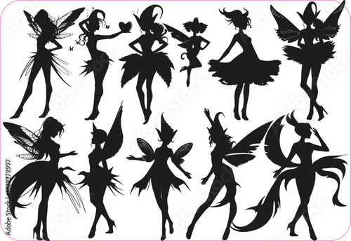 Fairy silhouette, Fairy silhouette set, Vector collection of fairies silhouettes