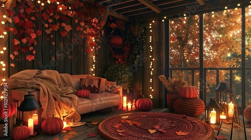 A cozy fall porch with lots of pumpkins, leaves, and lights; a cozy blanket... photo