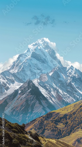 Mountain landscape with snow-capped peaks and a clear sky, 4K hyperrealistic photo