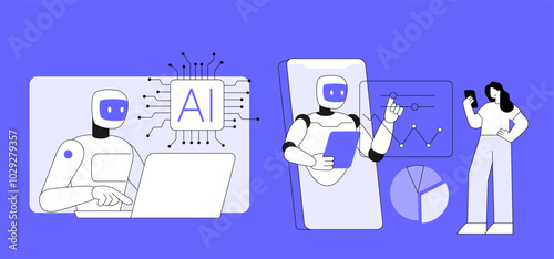 Personal robot for people assistance. Artificial intelligence technology with help service, flat vector illustration.