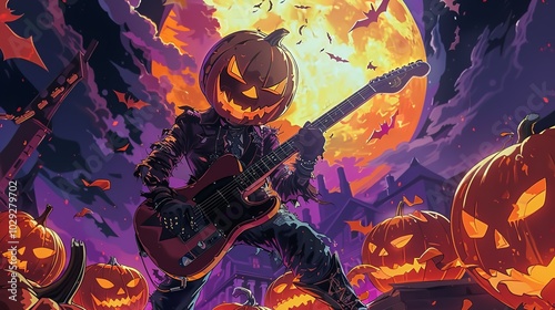 A cute anime-style cartoon of a pumpkin-headed man playing a guitar,... photo