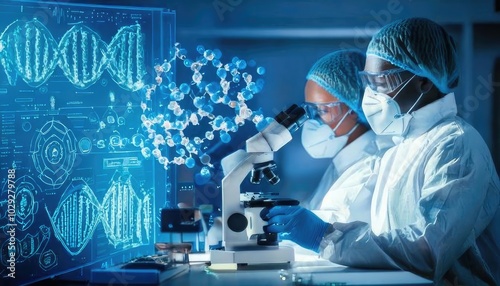 Two scientists in lab coats and masks analyze data at a microscope, surrounded by digital DNA structures and scientific visuals.