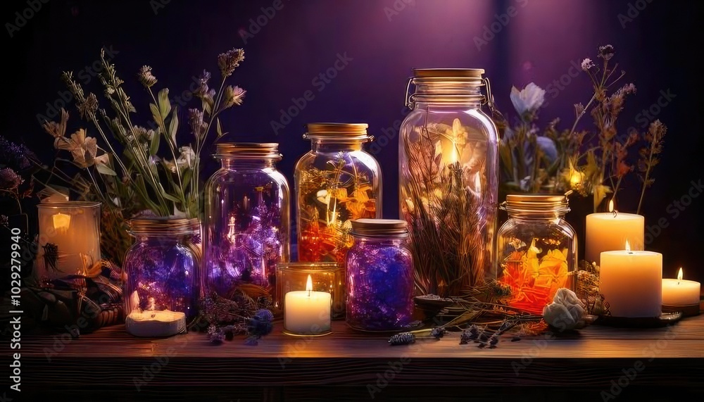A captivating arrangement of colorful jars filled with flowers, surrounded by candles, creating a serene and enchanting atmosphere. A captivating arrangement of colorful jars filled with flowers, surrounded by candles, creating a serene and enchanting atmosphere.
