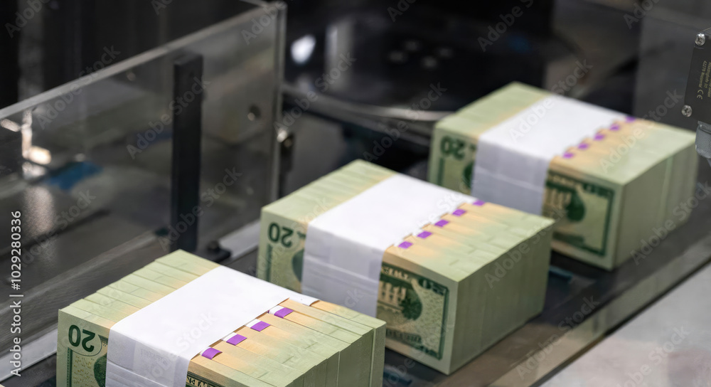Freshly printed and packaged $20 bills from the US Mint