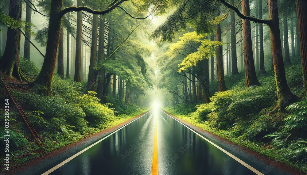 Obraz premium A straight road stretching through a dense forest with tall, vibrant green trees on both sides