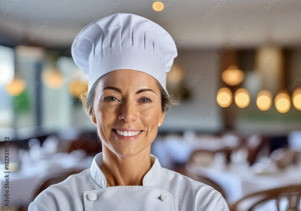 A skilled and confident female chef in a luxurious restaurant, smiling warmly in a crisp white uniform and chef's hat, representing expertise, creativity, and passion for fine dining. A skilled and confident female chef in a luxurious restaurant, smiling warmly in a crisp white uniform and chef's hat, representing expertise, creativity, and passion for fine dining.