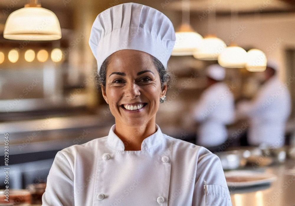A skilled and confident female chef in a luxurious restaurant, smiling warmly in a crisp white uniform and chef's hat, representing expertise, creativity, and passion for fine dining. A skilled and confident female chef in a luxurious restaurant, smiling warmly in a crisp white uniform and chef's hat, representing expertise, creativity, and passion for fine dining.