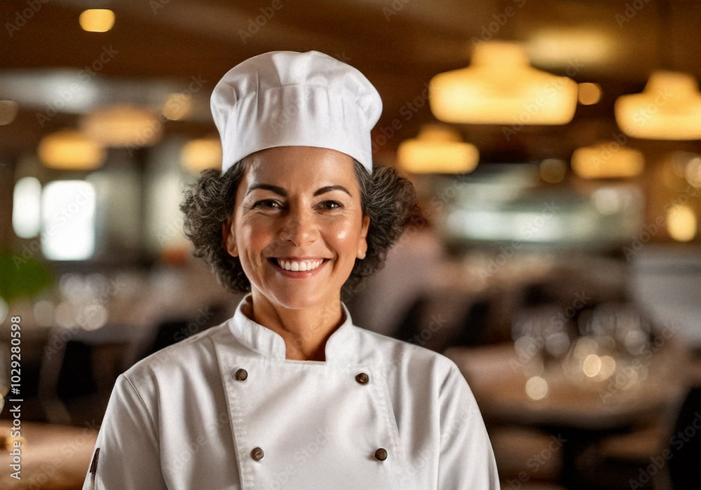 A skilled and confident female chef in a luxurious restaurant, smiling warmly in a crisp white uniform and chef's hat, representing expertise, creativity, and passion for fine dining. A skilled and confident female chef in a luxurious restaurant, smiling warmly in a crisp white uniform and chef's hat, representing expertise, creativity, and passion for fine dining.