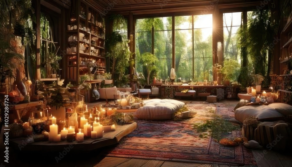 Fototapeta premium A tranquil interior space surrounded by plants, filled with candles, soft cushions, and warm sunlight, creating a cozy and inviting atmosphere.