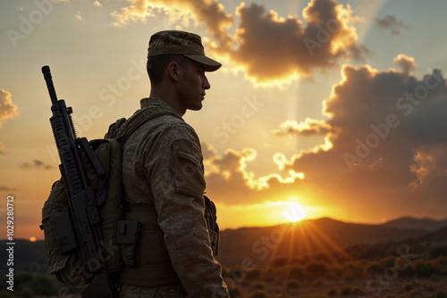 Soldier with a weapon over his shoulder against the backdrop of an evening landscape with mountains. photo