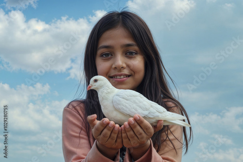 Arab girl with a white dove in her hands against the backdrop of a cloudy blue sky.