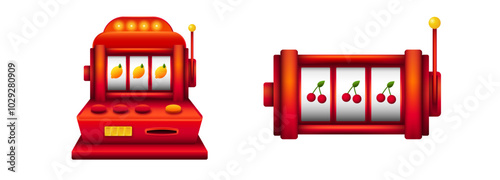 Red slot machines with jackpot. Fortune machine with lemons and red cherries and gradient.