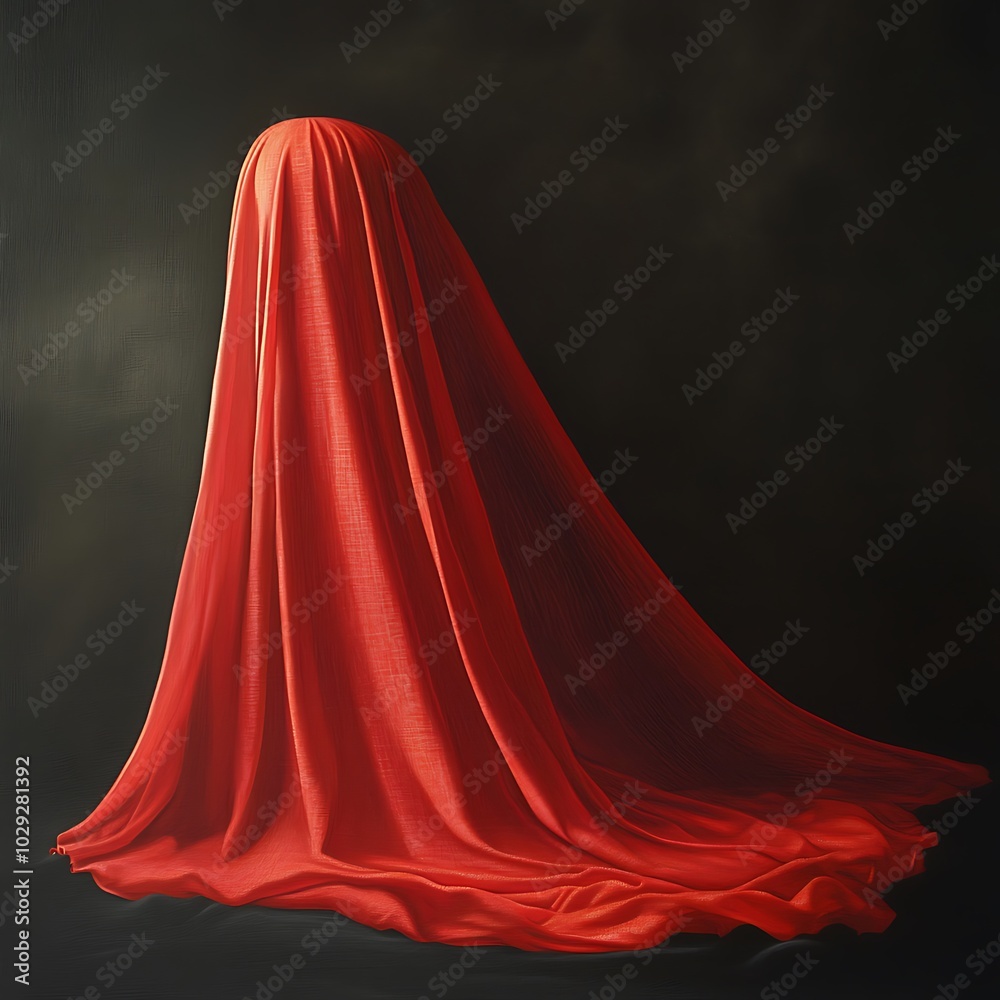 A flowing red fabric drapes elegantly against a dark background, creating a mysterious atmosphere.