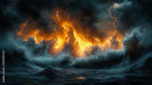 dramatic night seascape with turbulent waves crashing under a stormy sky illuminated by striking lightning bolts creating a hauntingly beautiful scene of natures power and chaos