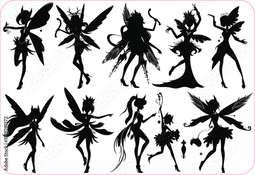 Fairy silhouette collections, Set of fairy silhouettes, Magical fairies silhouettes, Fairy magic silhouettes set, Fairy vector illustration