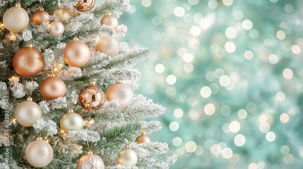 Christmas background with peach-colored toys and blurred lights. Design, banner, website Christmas background with peach-colored toys and blurred lights. Design, banner, website