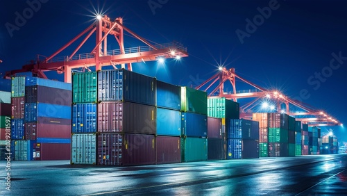 Cargo containers at night lit by port lights