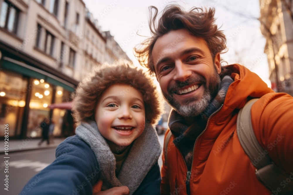 Close up of father and his son taking selfie in city Close up of father and his son taking selfie in city