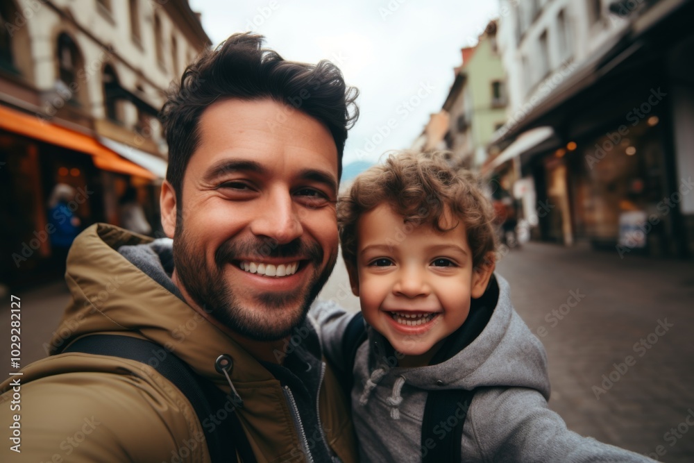 Close up of father and his son taking selfie in city Close up of father and his son taking selfie in city