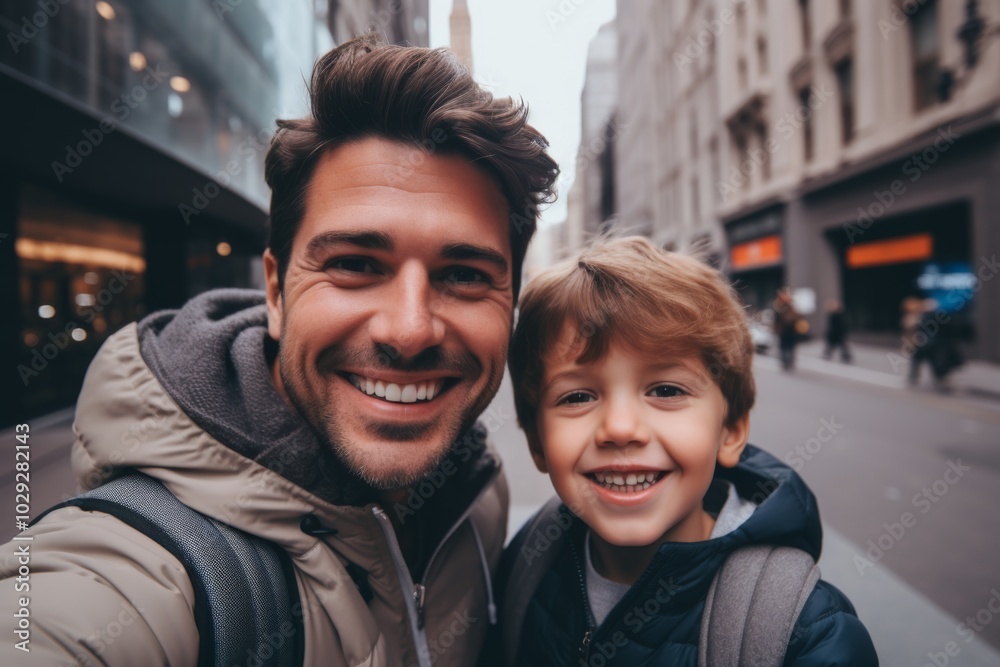 Close up of father and his son taking selfie in city Close up of father and his son taking selfie in city