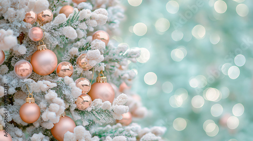 Christmas background with peach-colored toys and blurred lights