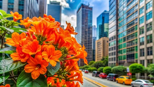 Urban Exploration: Vibrant Cordia Sebestena Blooms in Summer Cityscape photo