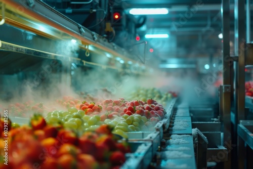 Frozen food products being processed through an automated conveyor belt photo