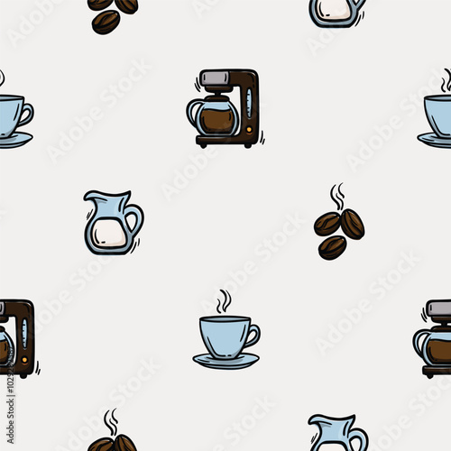 Simple seamless pattern with coffee cup, coffee beans, milk jug and coffee maker. Set of icons for the design of a cafe, restaurant, coffee shop, cafeteria. Endless background for gift paper