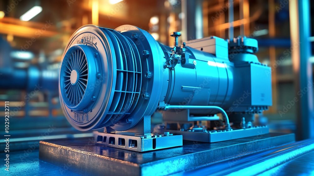 Fototapeta premium Industrial Blue Compressor Machine in Factory Setting